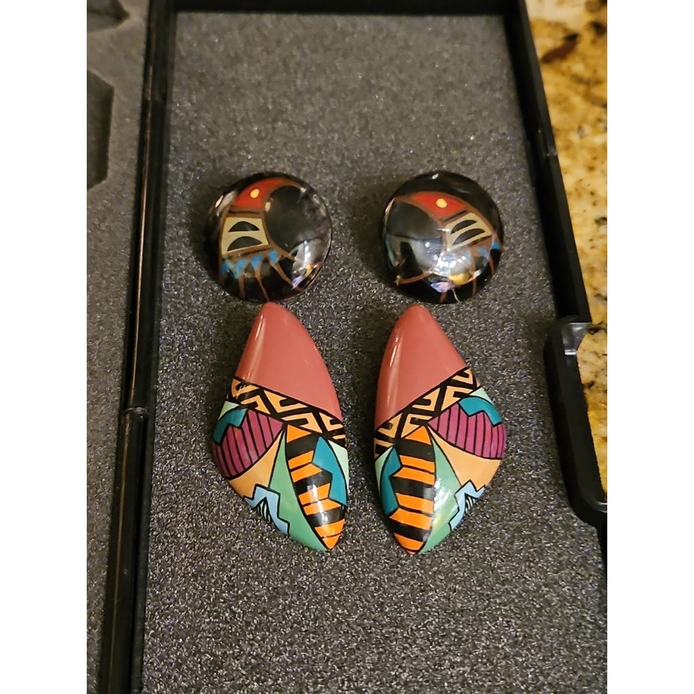 2 Vintage 80s‎ Geometric Earrings Bold Colorful Funky Designs Signed ATC
